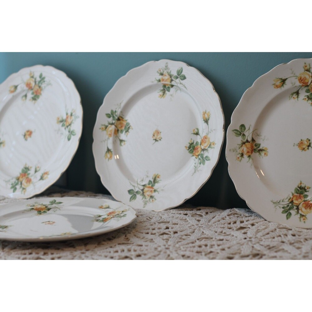 22 Kt Gold Rim Yellow Rose 10" Dinner Plate Canonsburg HALLMARK set of  4